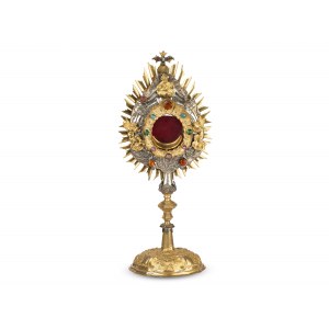 Monstrance, Silver, brass gold-plated, With the Holy Spirit, God the Father and two flying angels
