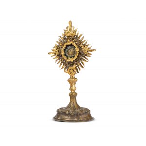 Reliquary monstrance, S. Crucis with cross and instruments of torture, Brass gold-plated