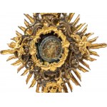 Reliquary monstrance, S. Crucis with cross and instruments of torture, Brass gold-plated