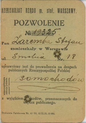 Permesso di guidare le auto, Varsavia, 1935