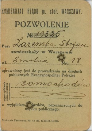 Permit to drive cars, Warsaw, 1935