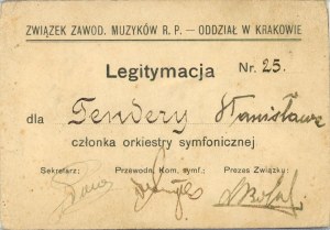 Legitymacja Związku Zawodowych Muzyków R.P. - Krakovská pobočka, cca 1920
