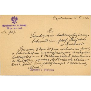 Dowództwo III Dyonu 20 p. art. pol. - Prośba o zbadanie dwóch koni, 1920