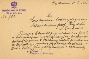 Dowództwo III Dyonu 20 p. art. pol. - Prośba o zbadanie dwóch koni, 1920