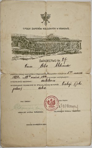 1. pluk železničných sapérov v Krakove - osvedčenie o absolvovaní poddôstojníckej školy, 1924