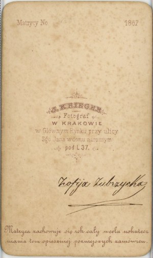 Zubrzycka Zofia, Kraków, fot. Krieger, 1867.