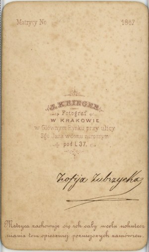 Zubrzycka Zofia, Krakow, photo by Krieger, 1867.
