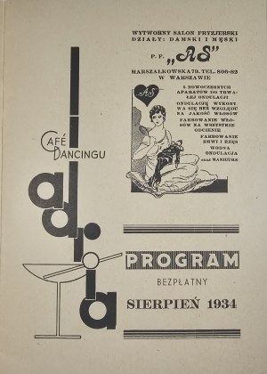 Adria - Cafe dancing. Warszawa - Program, sierpień 1934 r.