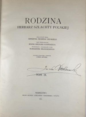 Uruski Seweryn - Rodzina. Herbarz szlachty polskiej. Oprac. przez... przy współudziale Adama Amilkara Kosińskiego, wykończony i uzupełniony przez Aleksandra Włodarskiego. Tom IX [Lew-Łożyński]. Warszawa 1912 Gebethner i Wolff. Oprawa sygn. Roberta Jahody