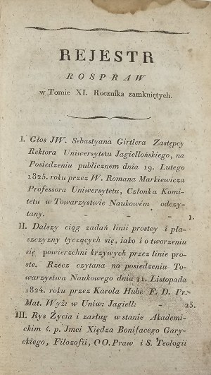 Yearbook of the Scientific Society with the University of Cracow united. VOL. XI. Kraków 1826 In Druk. Akademickiey.