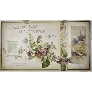Kalendarz - Z życzeniami Świąt i Nowego Roku 1907 Nakł. Władysław Zajączkowski . Firma: Jan Fischer i Spółka w Krakowie, Pałac Spiski.