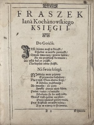 Kochanowski Jan - Fraszki ... A Cracovia, W Drukarni Andrzei Piotrkow[czyka]: K.I.M. Typogr. Dalla collezione di Wiktor Gomulicki, exlibris di Emil Zegadłowicz.