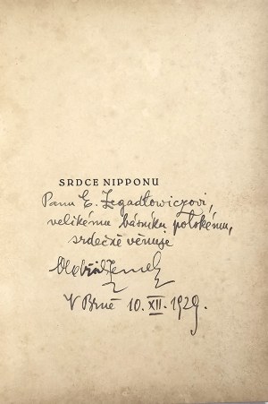 [Zegadłowicz Emil] Zemek Oldřich - Srdce Nipponu. Povídky. Kroméříž 1924 Nakł. aut. Odręczna dedykacja dla Emila Zegadłowicza.