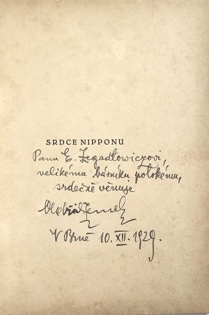 [Zegadłowicz] Zemek Oldřich - Srdce Nipponu. Povídky. Kroméříž 1924 Nakł. aut. Rukopisná dedikace Emilu Zegadłowiczovi.