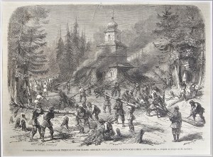 Lednové povstání - Poláci vypalují řecký kostel na cestě do Novogrudoku, 1863
