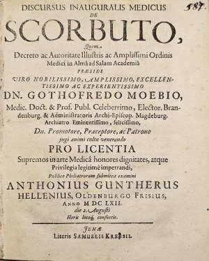 Möbius Gottfried - Discursus Inauguralis Medicus De Scorbuto, Quem Decreto ac ... Jenae 1662 Samuel Krebs.