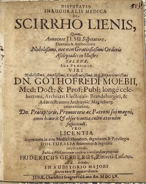 Möbius Gottfried - Disputatio Inauguralis Medica De Scirrho Lienis. Jenae 1655 Sengenwald