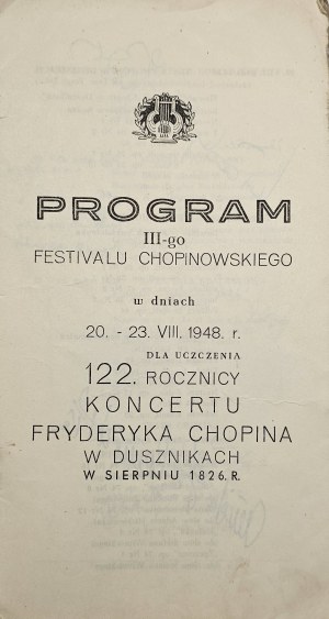 Program of the 3rd Chopin Festival from 20.-23. VIII. 1948. autographs of pianists.