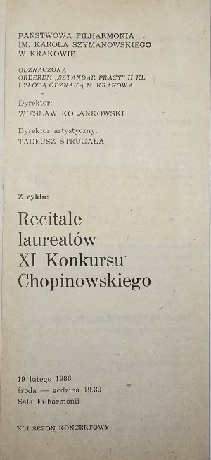 Recitale laureatów XI Konkursu Chopinowskiego. 19 lutego 1986 r. Autograf Stanisława Bunina.