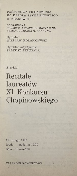 Recitály vítězů XI. ročníku Chopinovy soutěže. 26. února 1986. Autograf Jean-Marc Luisad.