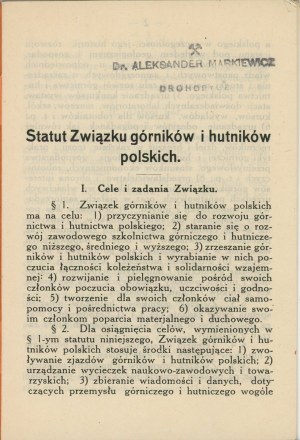 Statut der Gewerkschaft der polnischen Bergleute und Metallurgen. Dąbrowa [192-] Druk. E. Mirek i Ska.