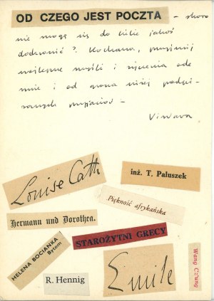 Szymborska Wisława - VON WAS IST DIE TASCHE - Postkarte - handgefertigter Aufkleber mit Grüßen der Dichterin. Kein Datum.