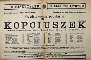 Afisz Miejski Teatr Wielki w Lwowie - Populárne predstavenie Popoluška. Po dvanásty raz. Fantastické predstavenie s piesňami a tancami v 8 scénkach podľa Grimmovcov a Görnera - Adolf Walewski upravil. V nedeľu 15. februára 1925. 20. októbra 1918.