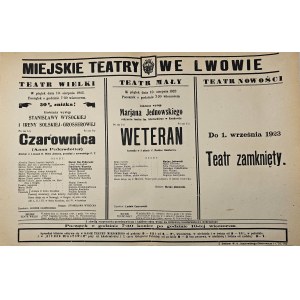 Afisz Miejskie Teatry we Lwowie. Teatr Wielki - Gościnny występ Stanisławy Wysockiej i Ireny Solskiej-Grosserowej - Czarownica (Anna Pedersdotter) dramat w 4 aktach H. Wiers Jensena