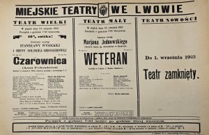 Městská divadla ve Lvově. Teatr Wielki - hostující představení Stanislawy Wysocké a Ireny Solské-Grosserové - Čarodějnice (Anna Pedersdotter), drama ve 4 dějstvích od H. Wiers Jensena