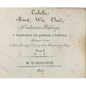 Tabella Miast, Wsi, Osad, Królestwa Polskiego, z wyrażeniem ich położenia i ludności ... T. 1-2. Warszawa 1827 W Druk. Łątkieiwcza.