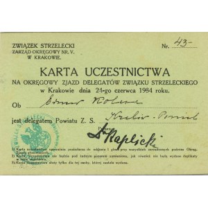 Riflemen's Association - Carte de présence au congrès des délégués de district de la Riflemen's Association à Cracovie, 1934.