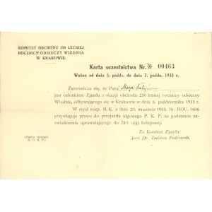 Cavalry Revue, 1933], Comité pour la célébration du 250e anniversaire du siège de Vienne à Cracovie - Charte de participation, 1933.