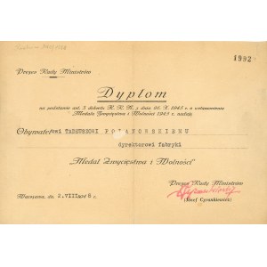 Médaille de la Victoire et de la Liberté, diplôme, 1948.