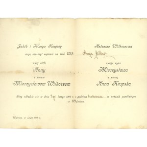 Wojnicz, invitation à un mariage, 1918.