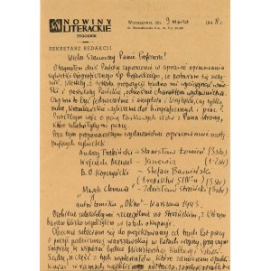 Bartelski Lesław - Lettre manuscrite au professeur Kazimierz Wyka.