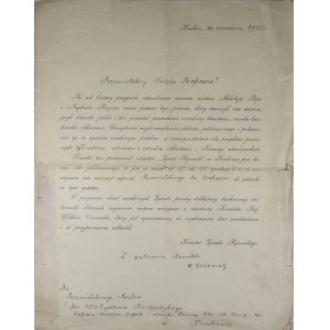 Czermak Wiktor - Lettre adressée au révérend professeur Władysław Knapiński. Date : Cracovie, septembre 1905. Signature manuscrite.