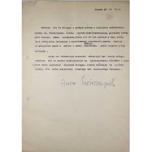 Świrszczyńska Anna - Pismo - typopis adressé aux écrivains de la rue Krupnicza à Cracovie. Date : Cracovie 20 VI 79. Signature manuscrite du poète.