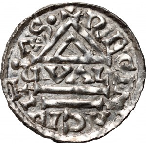 Germania, Baviera, Enrico II il cavatore 985-995, denario, Regensburg, GVAL minster