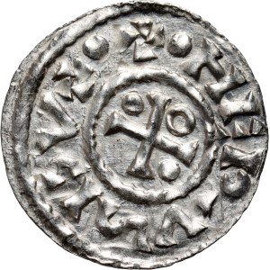 Německo, Bavorsko, Jindřich II. loupežník 985-995, denár, Regensburg, mincovna ELLIN
