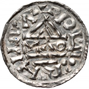 Německo, Bavorsko, Jindřich II. loupežník 985-995, denár, Regensburg, mincovna MAO