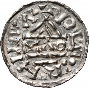 Německo, Bavorsko, Jindřich II. loupežník 985-995, denár, Regensburg, mincovna MAO