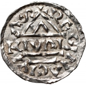 Německo, Bavorsko, Jindřich II. lomeno 985-995, denár, Regensburg, mincovna GVAL