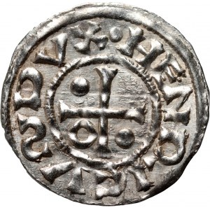 Německo, Bavorsko, Jindřich II. lomeno 985-995, denár, Regensburg, mincovna SIC