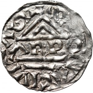 Nemecko, Bavorsko, Henrich II. lomnický 985-995, denár, Regensburg, mincovňa ARPO