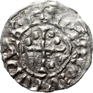 Nemecko, Bavorsko, Henrich II. lomnický 985-995, denár, Regensburg, mincovňa ARPO