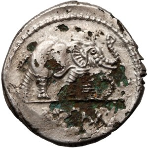 Rímska republika, Gaius Julius Caesar 49-44 pred Kr., denár, suberatus, poľná mincovňa