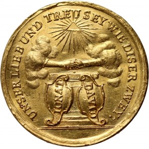 Deutschland, Goldmedaille mit einem Dukaten ohne Datum (um 1740), Freundschaftsmedaille, Jonat und David