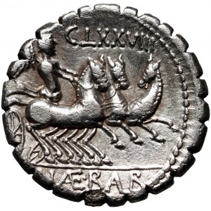 Římská republika, C. Naevius Balbus 79 př. n. l., denár serratus, Řím