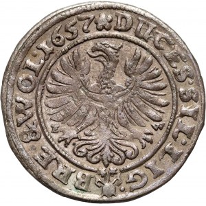 Slezsko, knížectví Legnicko-Brzesko-Wołowskie, Jerzy III Brzeski, Ludwik IV Legnicki a Krystian Wołowsko-Oławski, 3 krajcary 1657 EW, Brzeg