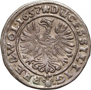 Slesia, Ducato di Legnicko-Brzesko-Wołowskie, Jerzy III Brzeski, Ludwik IV Legnicki e Krystian Wołowsko-Oławski, 3 krajcary 1657 EW, Brzeg